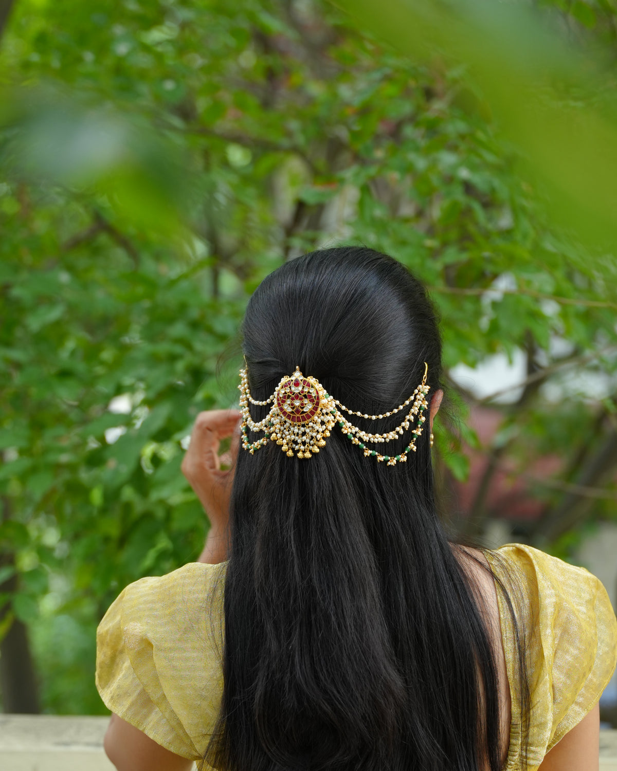 Ruby Kundan Hair Accessory with Pearl Side Chains & Gold Bead Drops