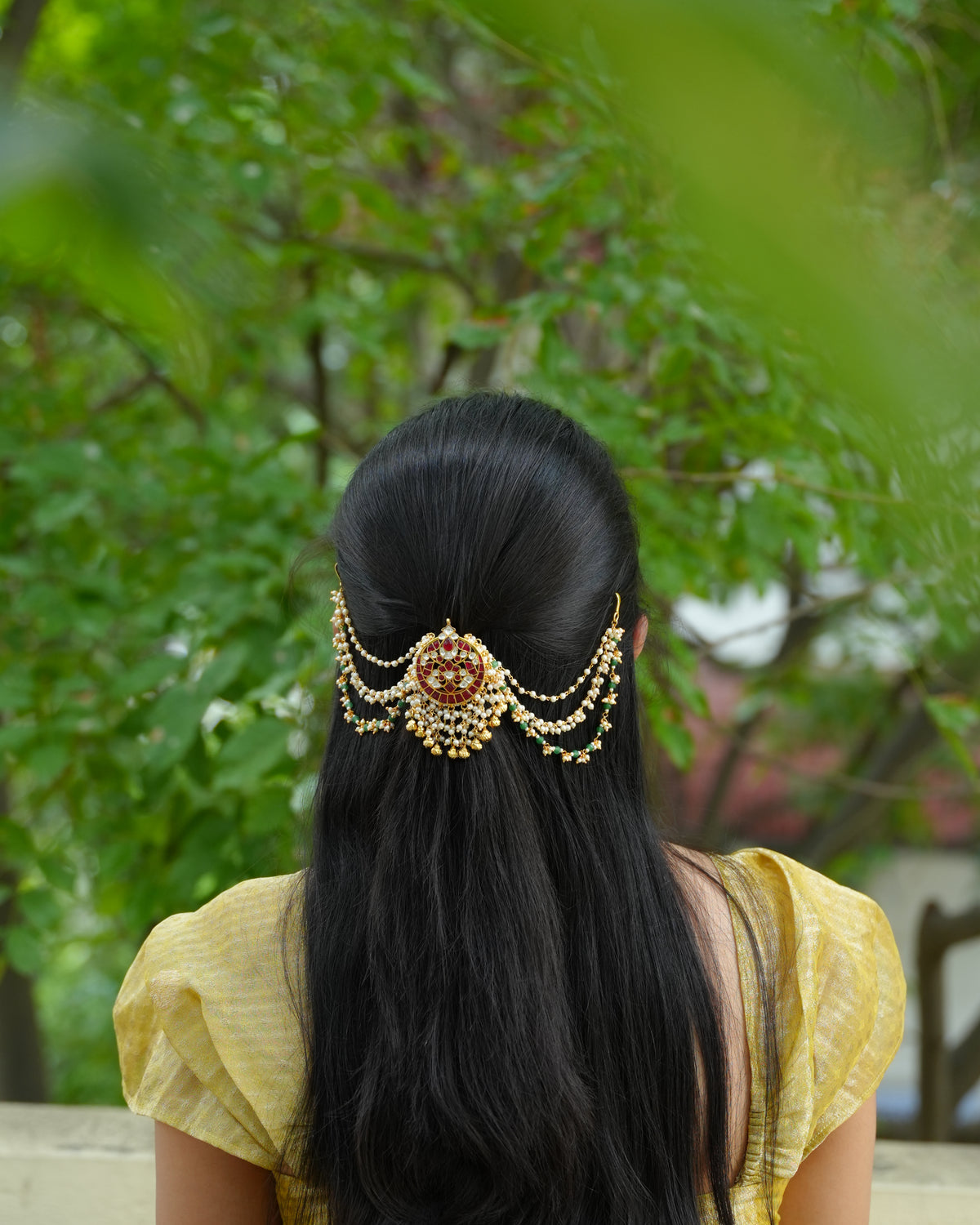 Ruby Kundan Hair Accessory with Pearl Side Chains & Gold Bead Drops