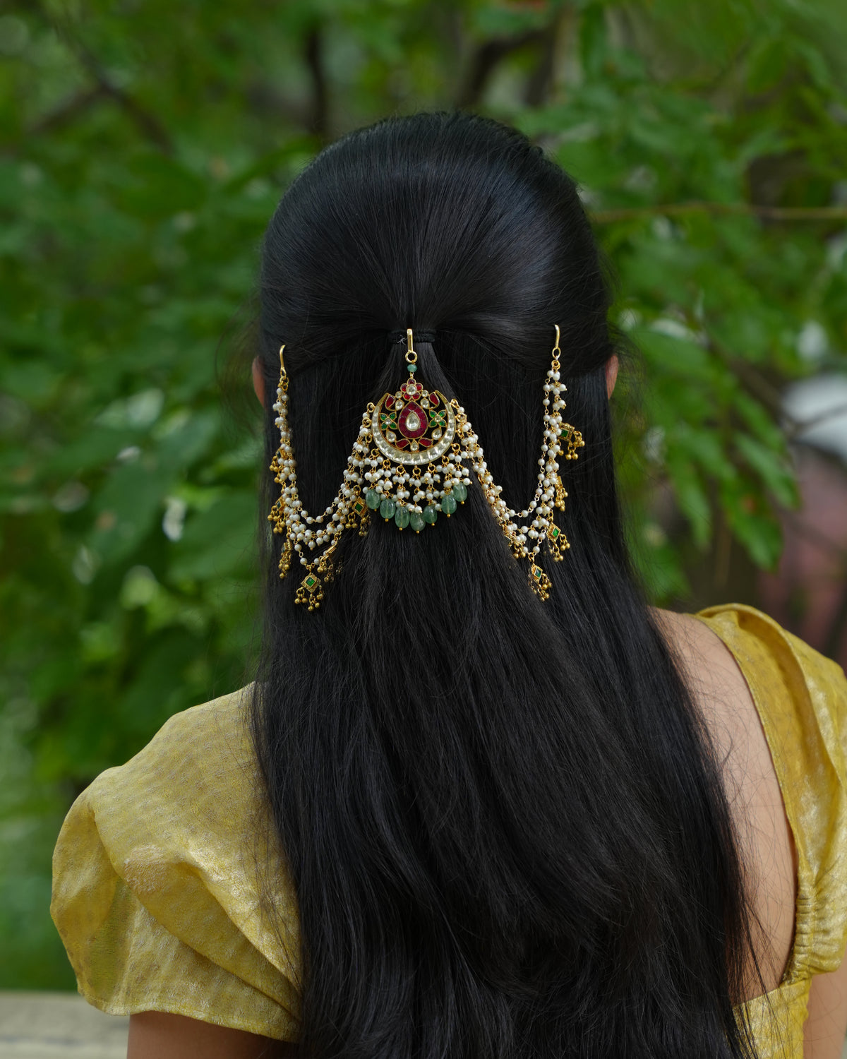Ruby Kundan Hair Accessory with Pearl Side Chains & Green Drops