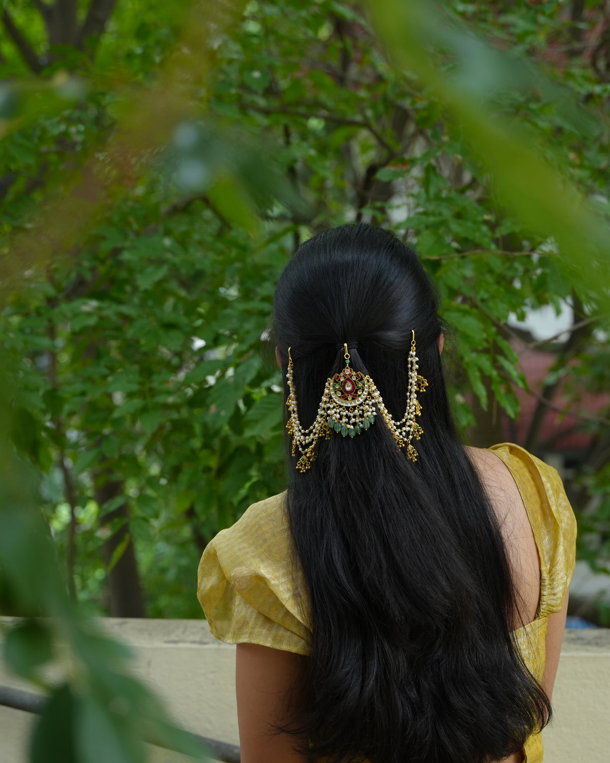 Ruby Kundan Hair Accessory with Pearl Side Chains & Green Drops