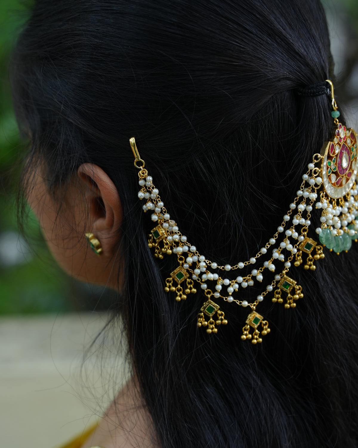 Ruby Kundan Hair Accessory with Pearl Side Chains & Green Drops