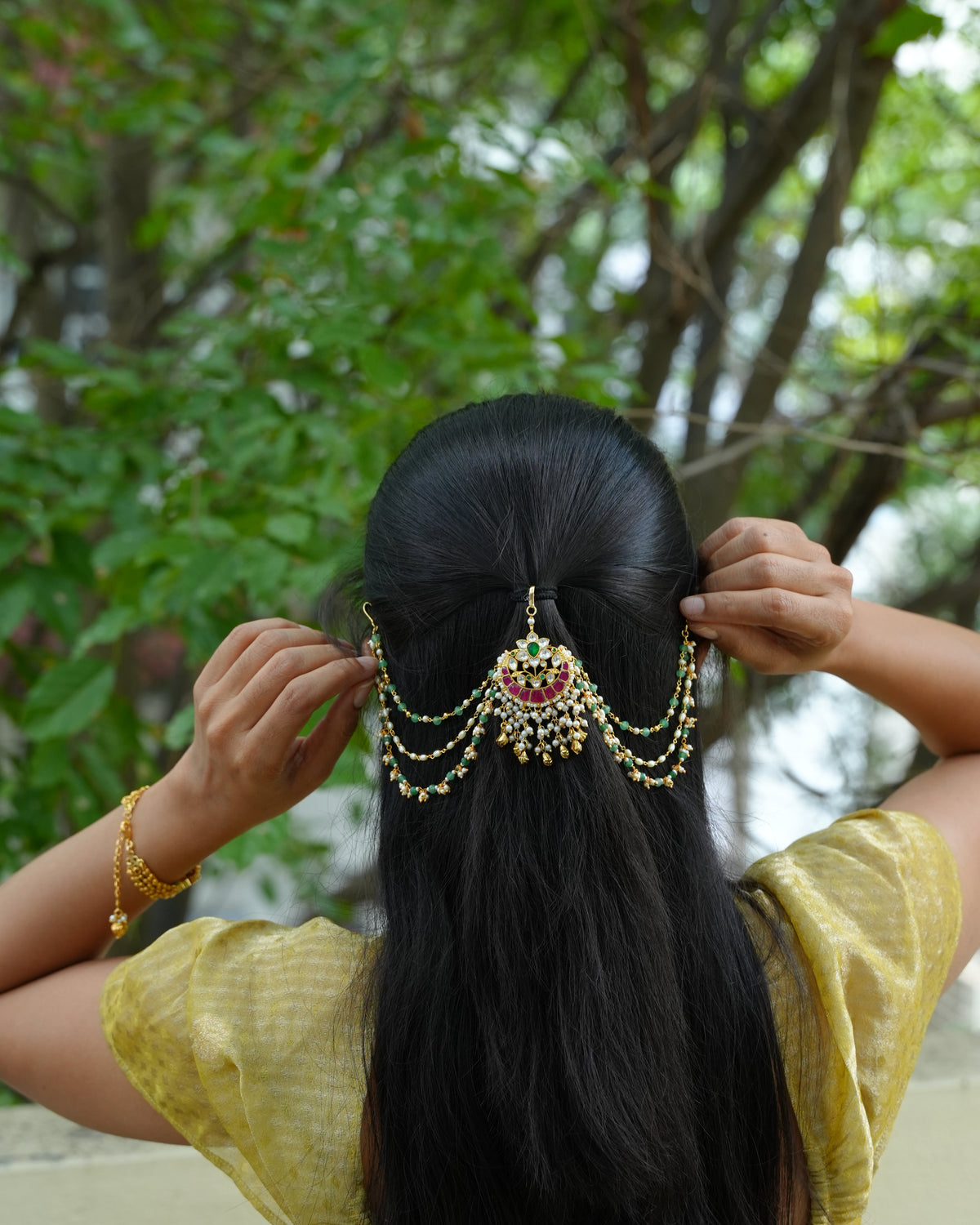 Ruby & Green Kundan Hair Accessory with Pearl Side Chains