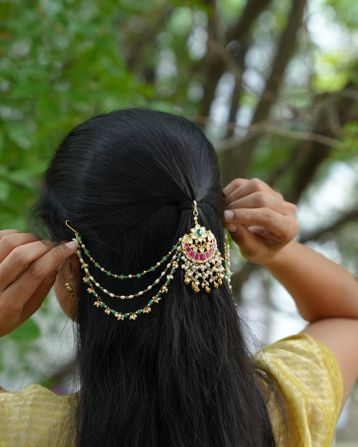 Ruby & Green Kundan Hair Accessory with Pearl Side Chains
