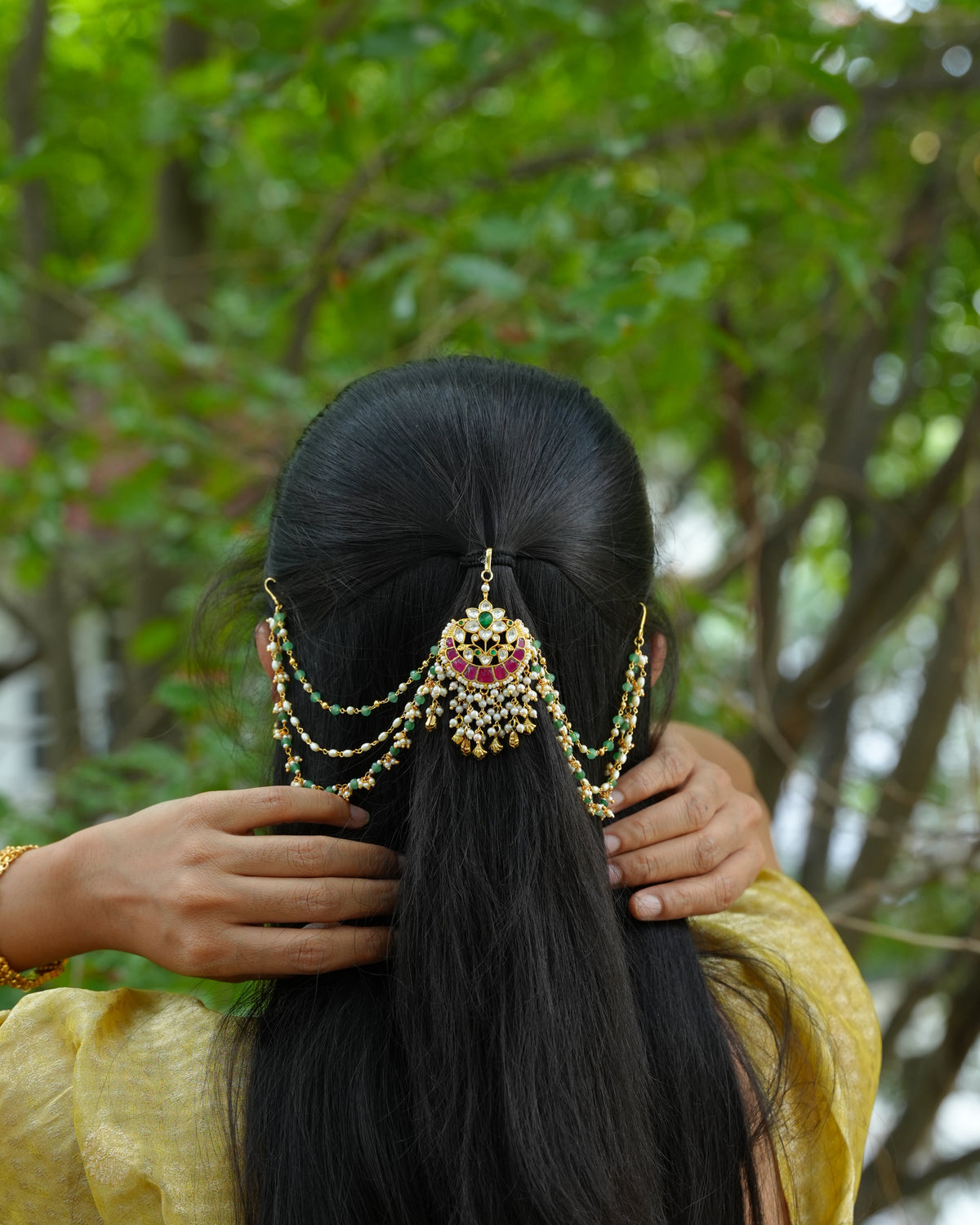 Ruby & Green Kundan Hair Accessory with Pearl Side Chains