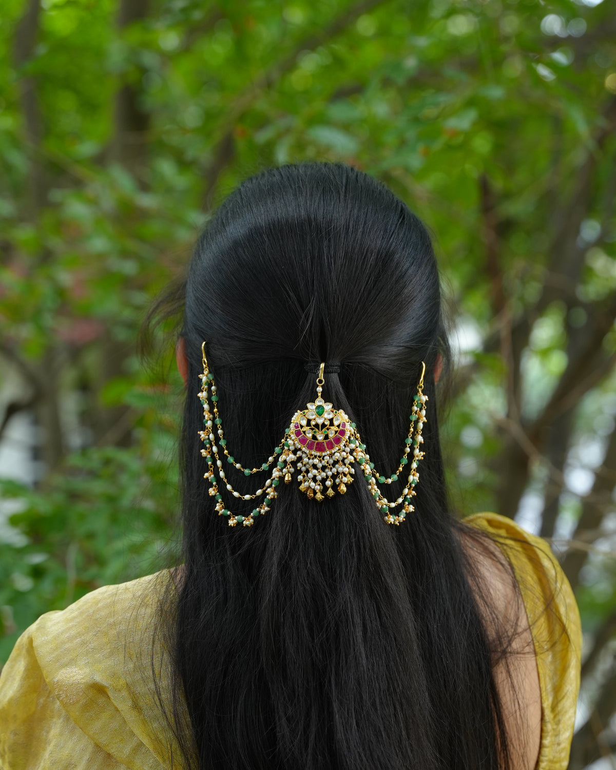 Ruby & Green Kundan Hair Accessory with Pearl Side Chains