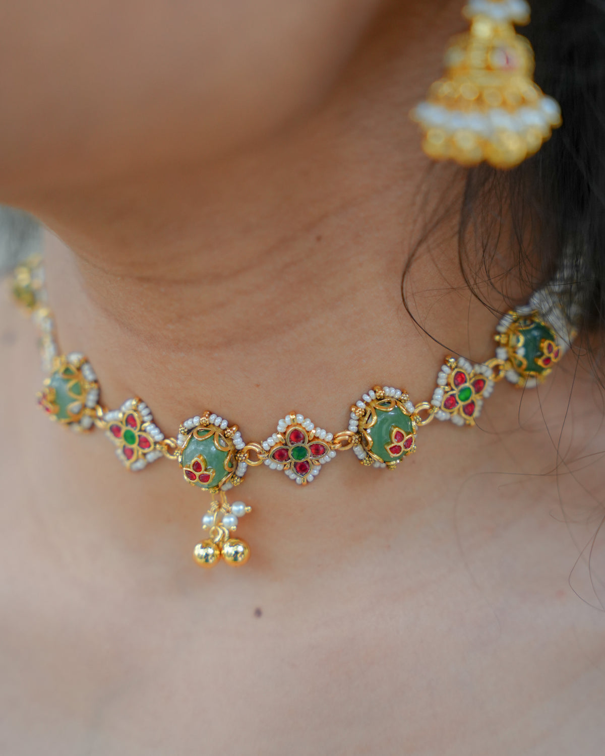Green & Ruby Kundan Floral Choker Set with Jhumka Earrings | Handmade Gold Plated | NC958