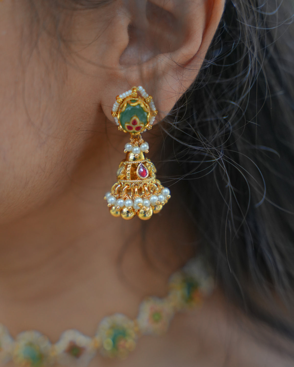Green & Ruby Kundan Floral Choker Set with Jhumka Earrings | Handmade Gold Plated | NC958