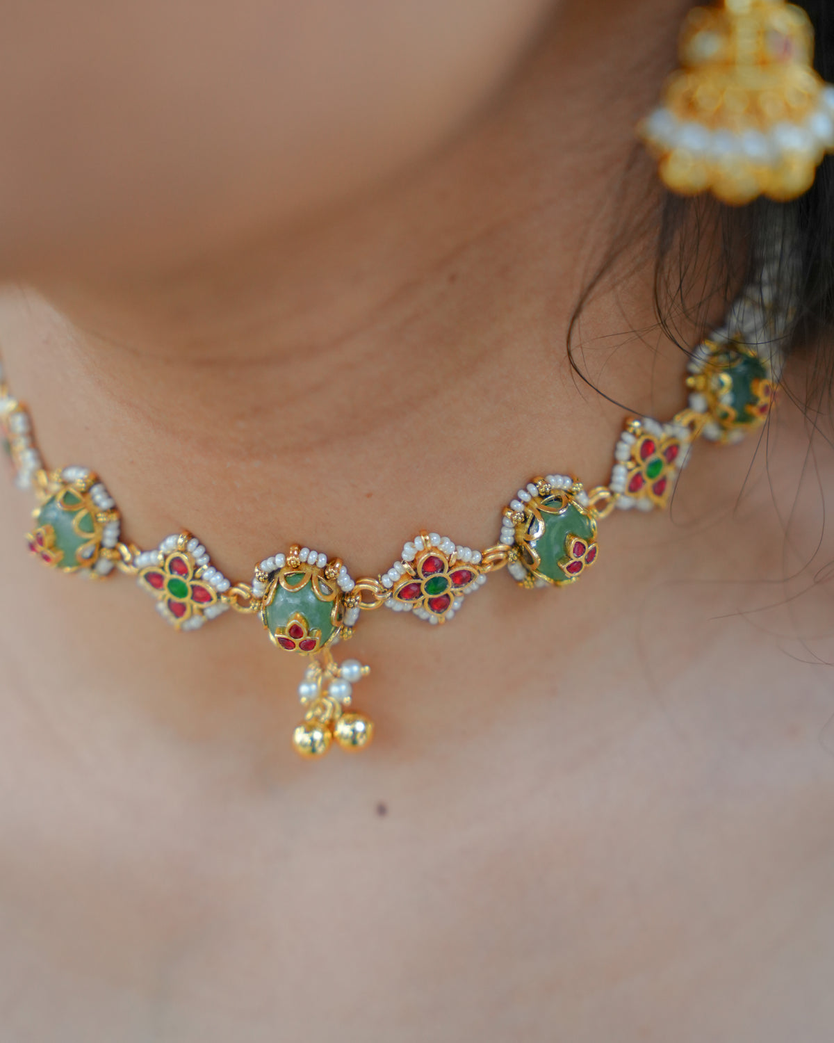 Green & Ruby Kundan Floral Choker Set with Jhumka Earrings | Handmade Gold Plated | NC958