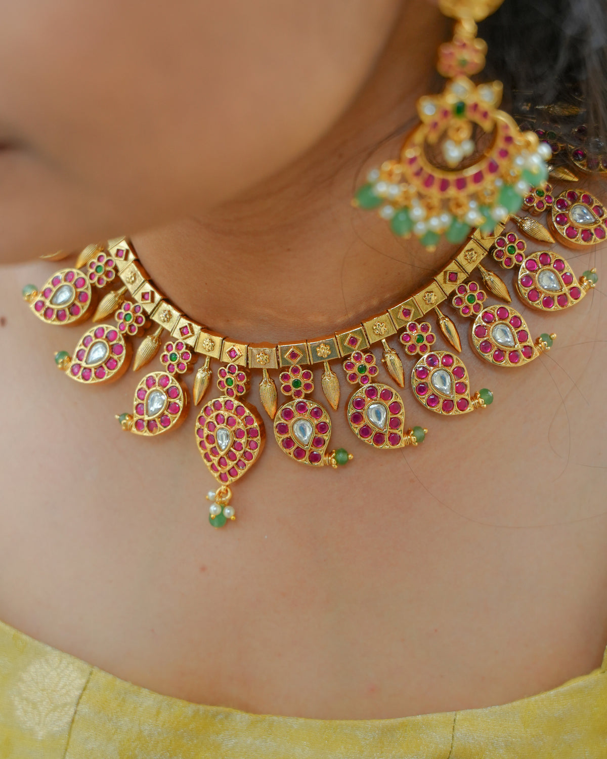 12 in 1 Convertible Ruby & White Kundan Mango Necklace Set with Earrings