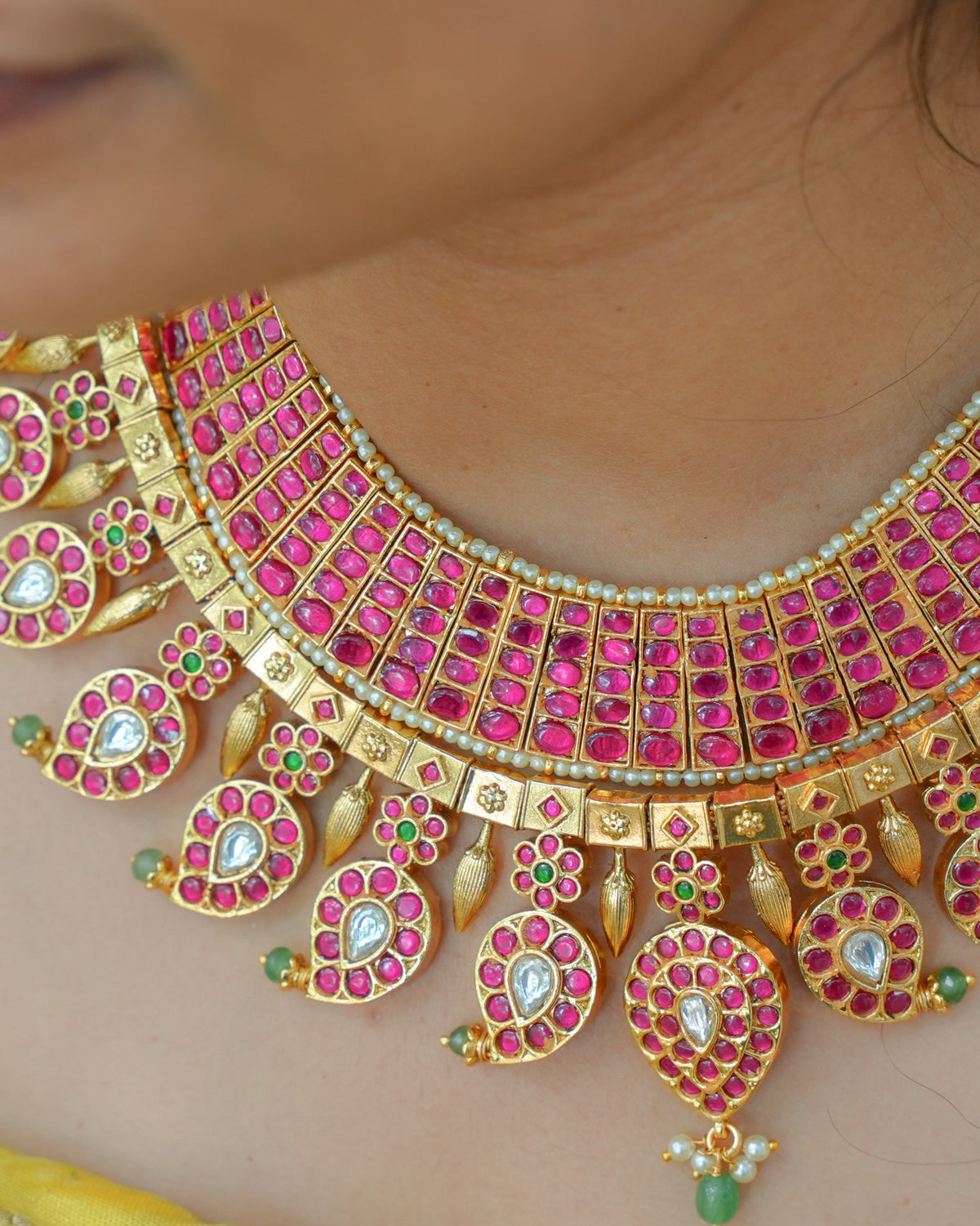12 in 1 Convertible Ruby & White Kundan Mango Necklace Set with Earrings