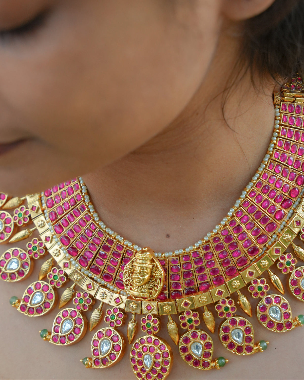 12 in 1 Convertible Ruby & White Kundan Mango Necklace Set with Earrings