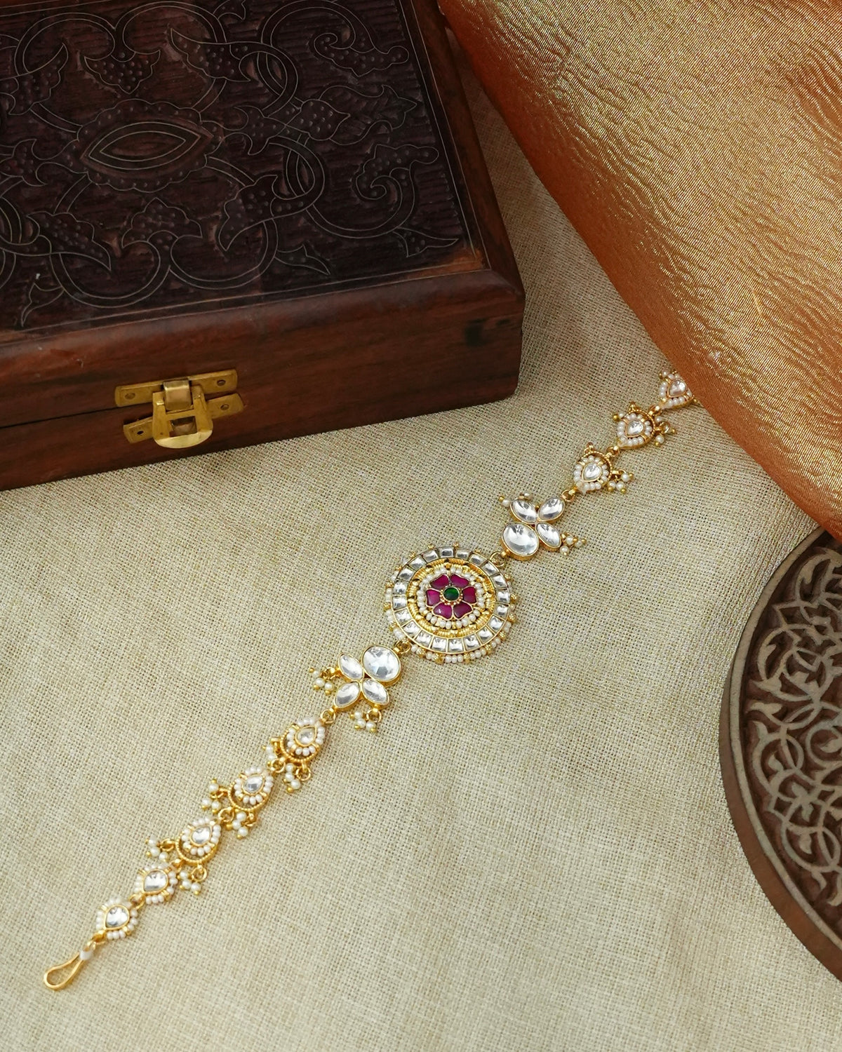 Kundan Sheeshphool with Pear-Drop – White & Ruby