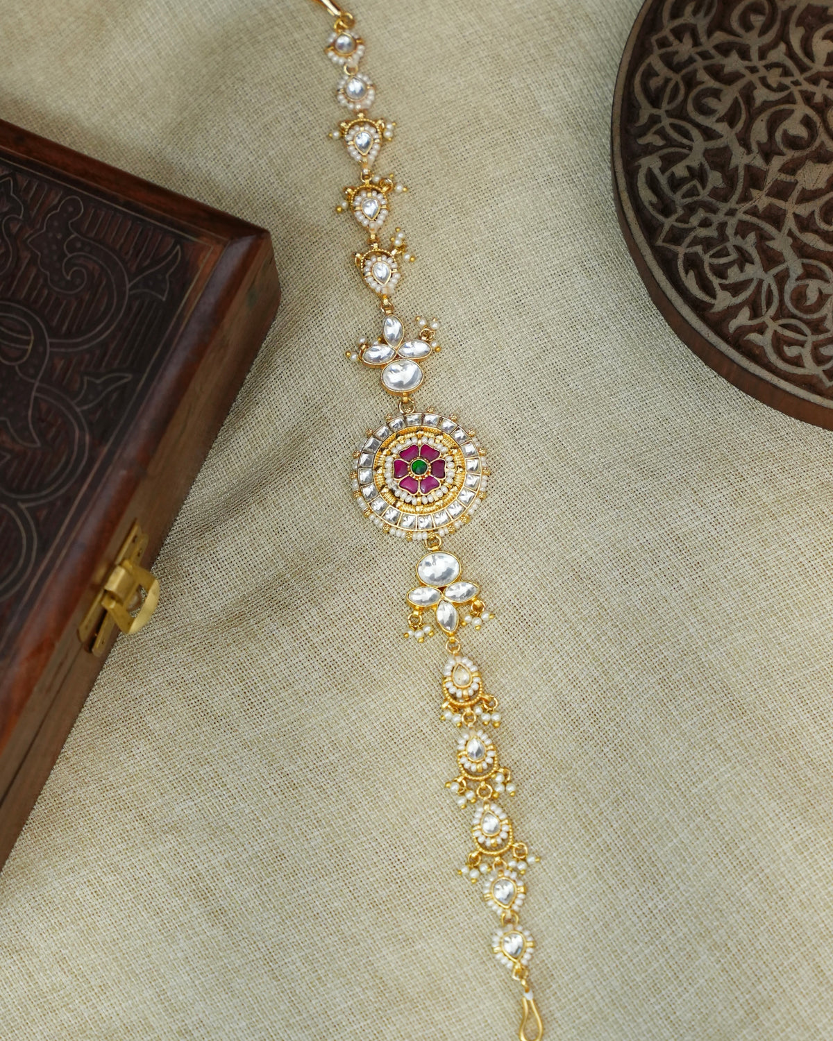 Kundan Sheeshphool with Pear-Drop – White & Ruby