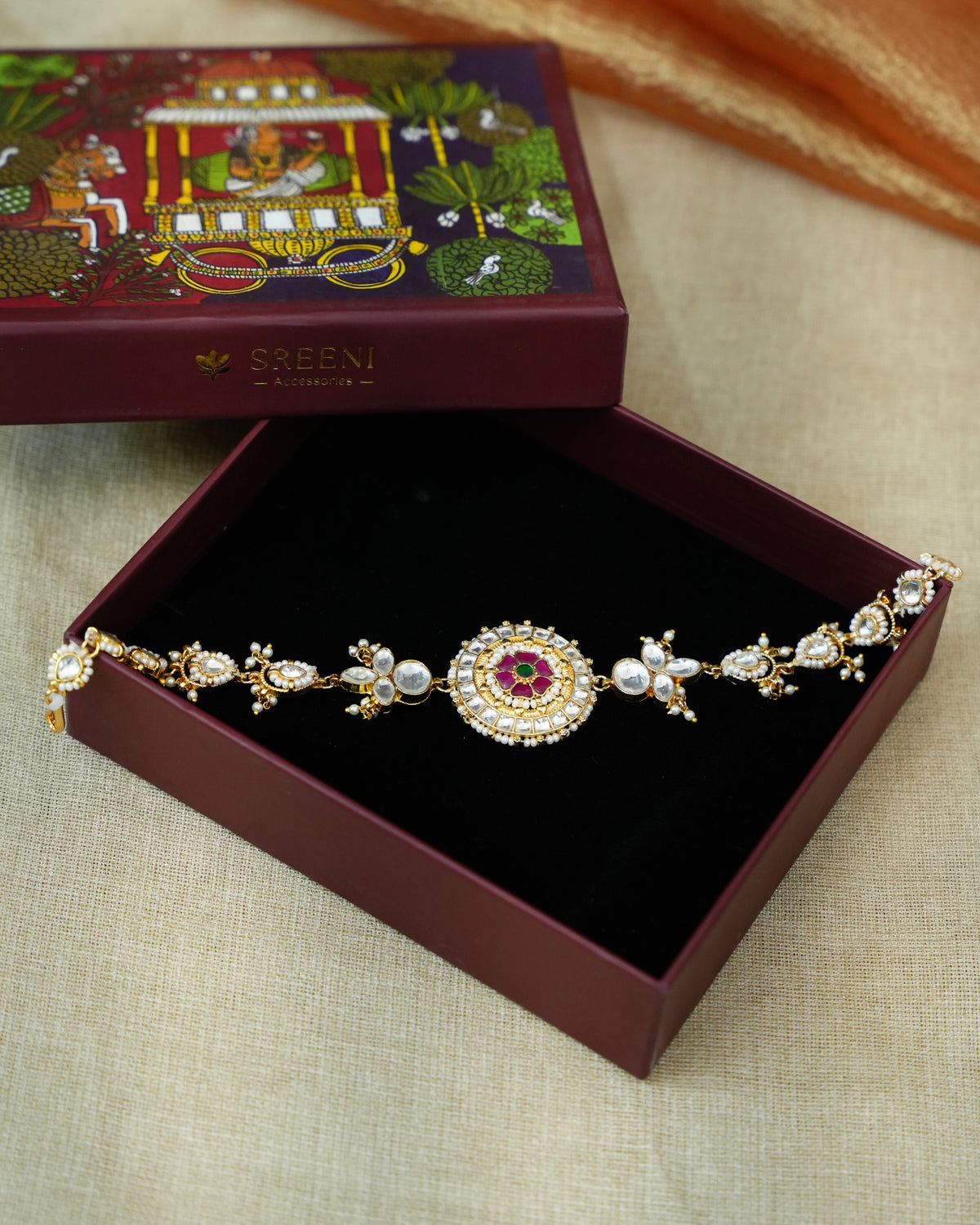 Kundan Sheeshphool with Pear-Drop – White & Ruby