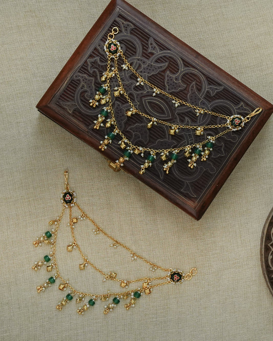 Three-Layer Green Kundan Ear Chain with Pearl & Bead Drops