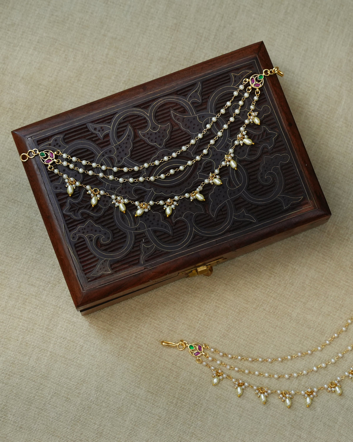 Three-Layer Pearl & Gold Kundan Ear Chain with Petal Drops