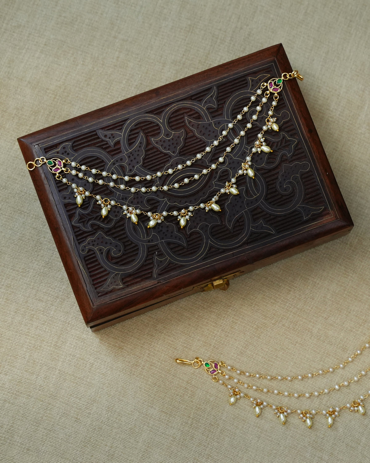 Three-Layer Pearl & Gold Kundan Ear Chain with Petal Drops