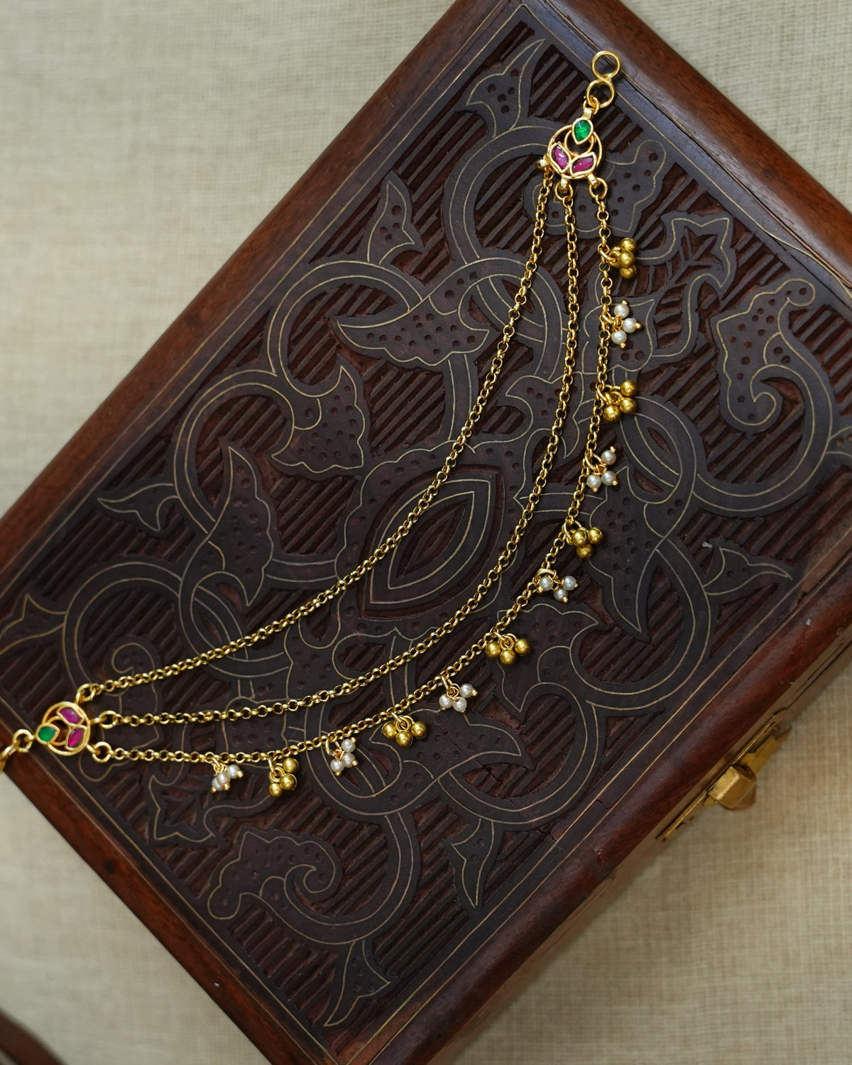 Minimal Three Layer Pearl Kundan Ear Chain