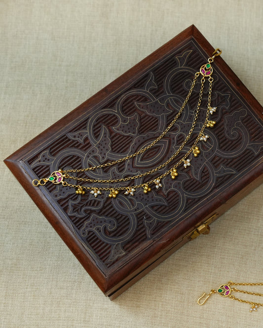 Minimal Three Layer Pearl Kundan Ear Chain