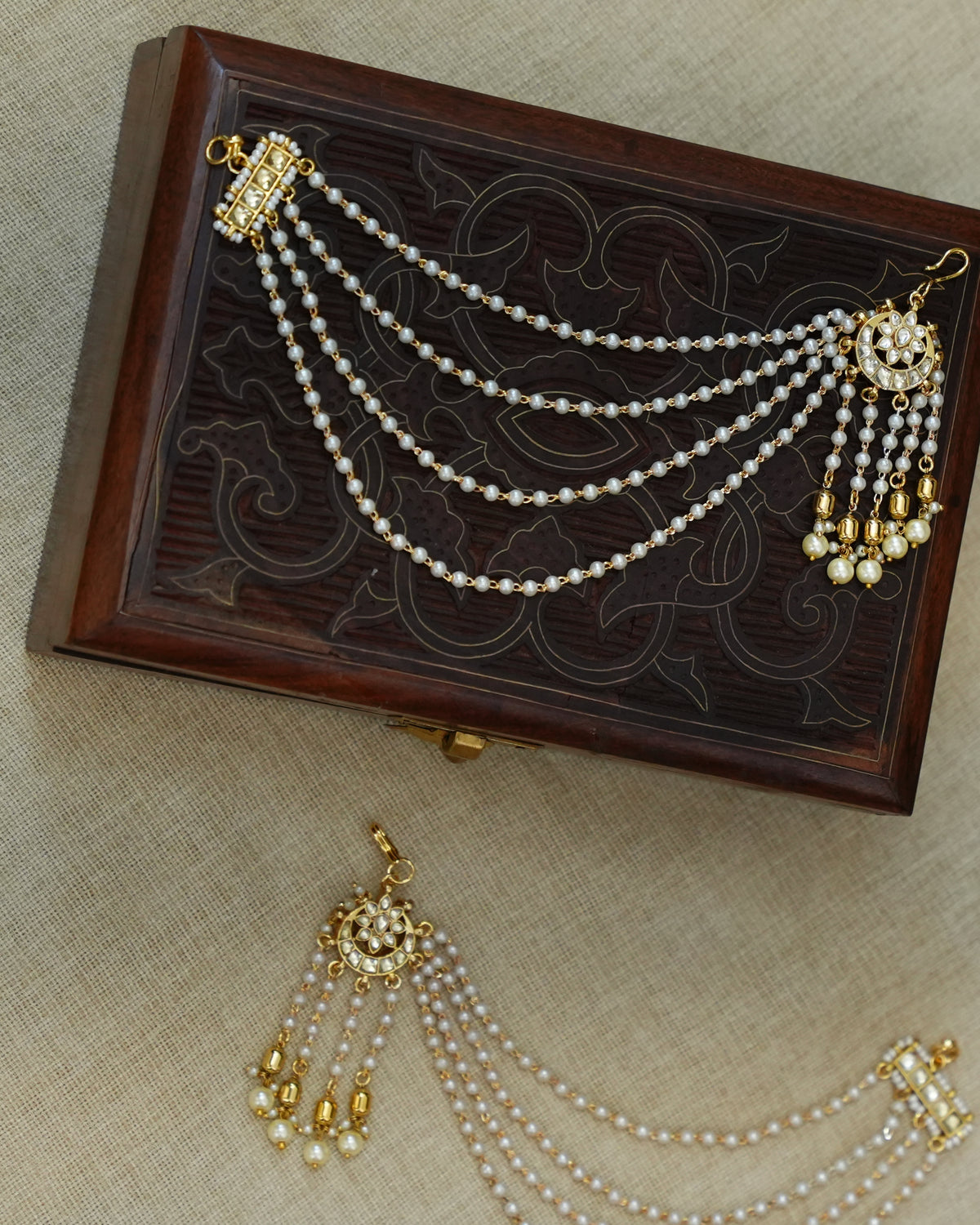 4-Layer Delicate Kundan White Pearl Ear Chain