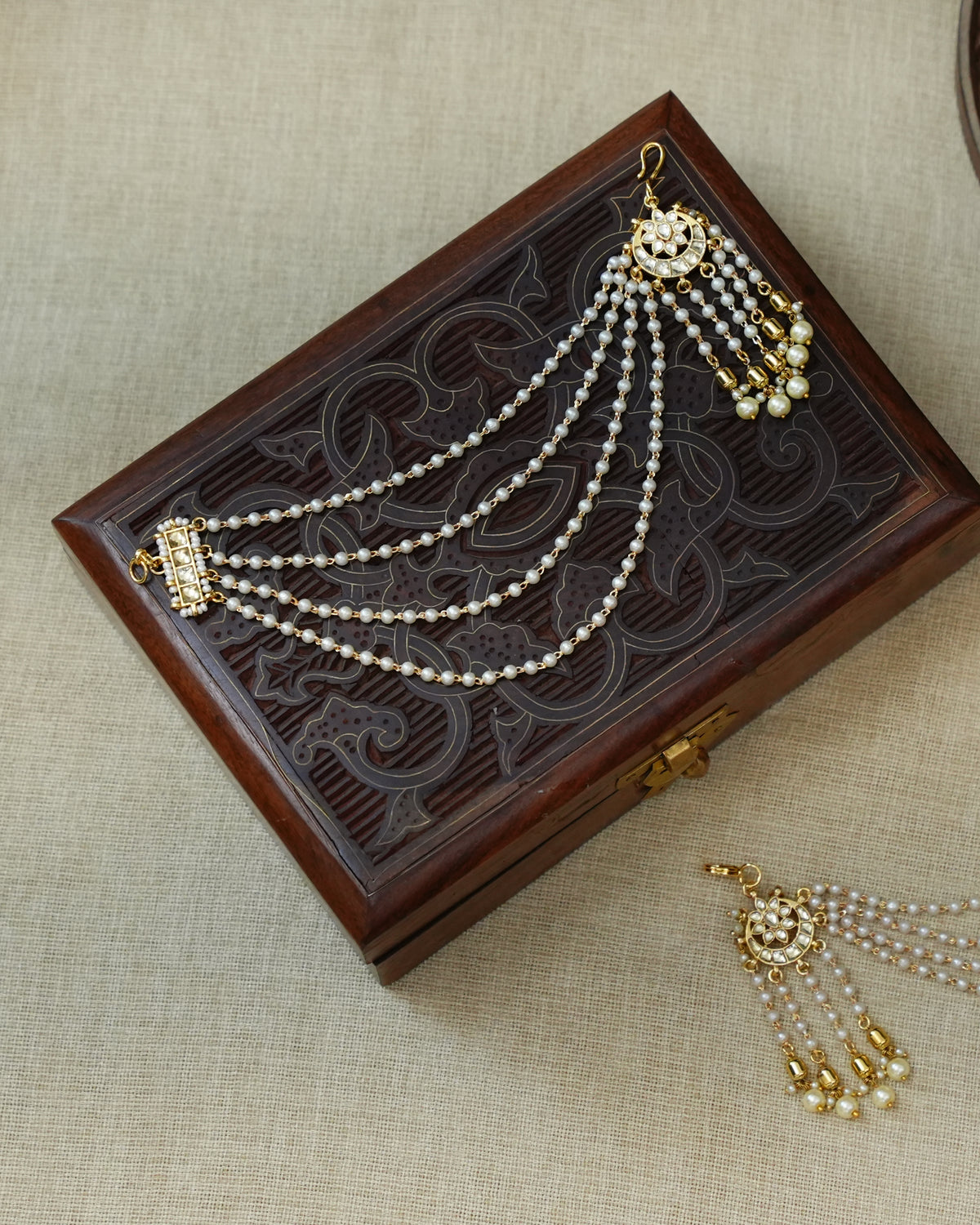 4-Layer Delicate Kundan White Pearl Ear Chain