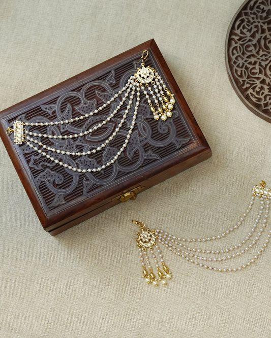 4-Layer Delicate Kundan White Pearl Ear Chain