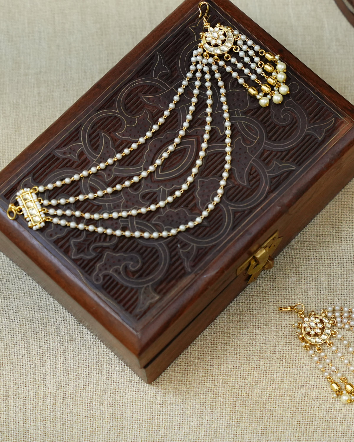 4-Layer Delicate Kundan White Pearl Ear Chain