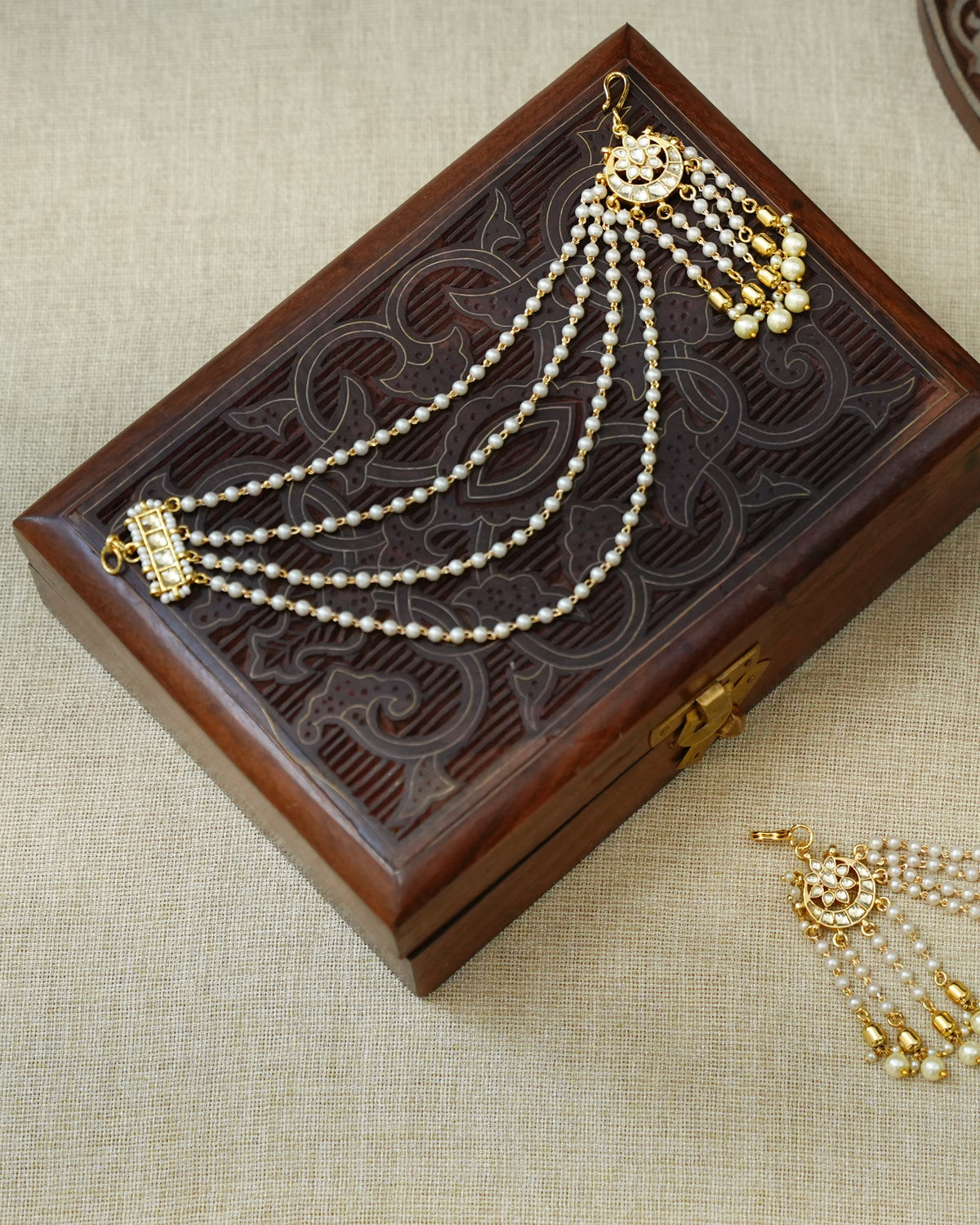 4-Layer Delicate Kundan White Pearl Ear Chain