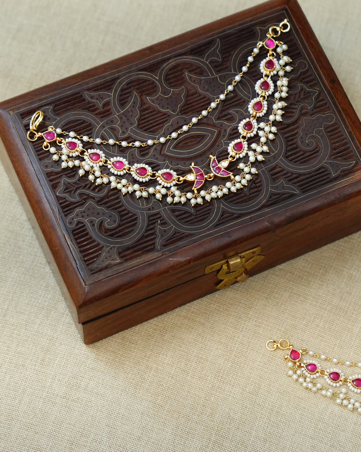 Ruby & White Kundan Pearl Ear Chain