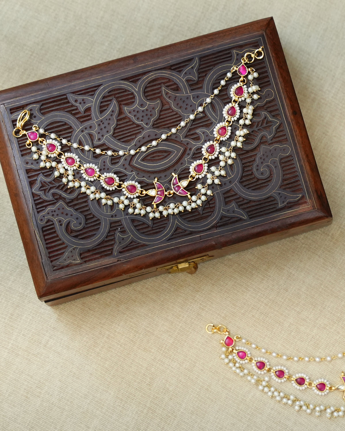 Ruby & White Kundan Pearl Ear Chain