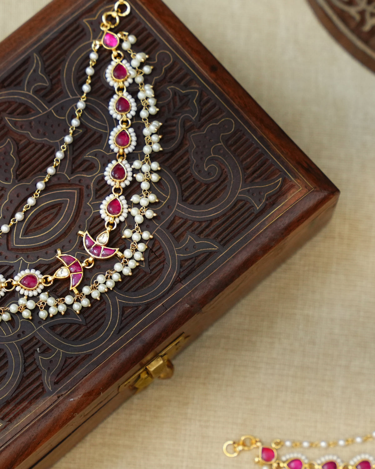 Ruby & White Kundan Pearl Ear Chain