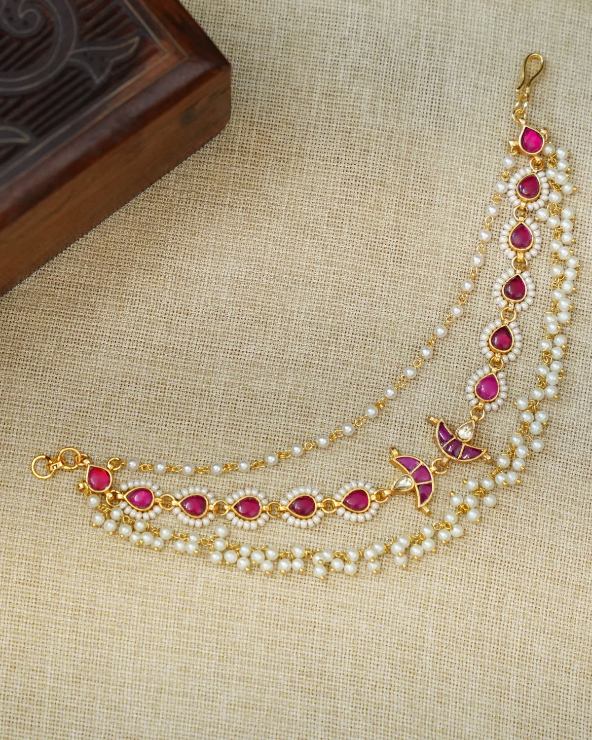 Ruby & White Kundan Pearl Ear Chain