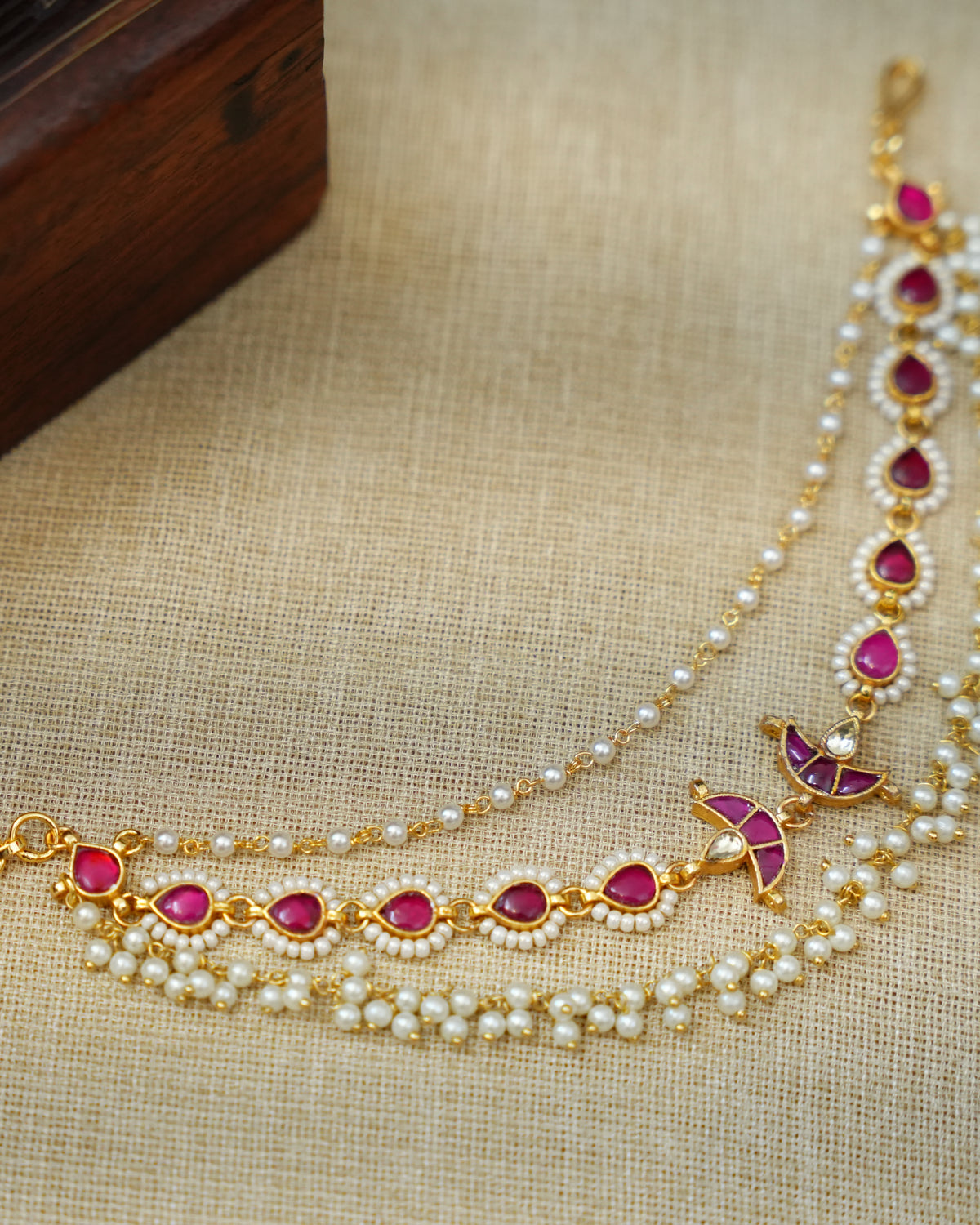 Ruby & White Kundan Pearl Ear Chain