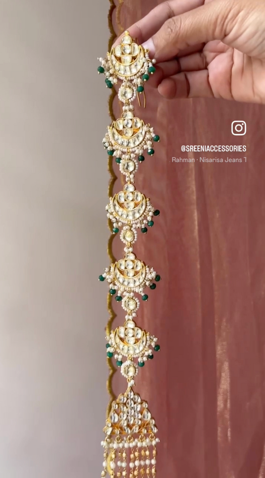 White Pachi Kundan Long Hair Accessory with Green Beads & Pearl Detailing | HA029