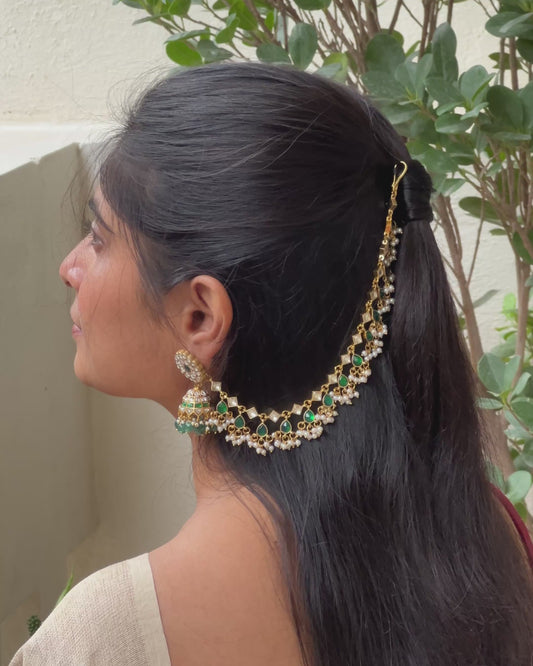 White & Green Jadau Kundan Bridal Ear Chain with Pearl Detailing | EC041